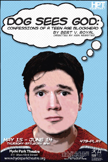 poster for Dog Sees God: sad-faced young man in cartoon world